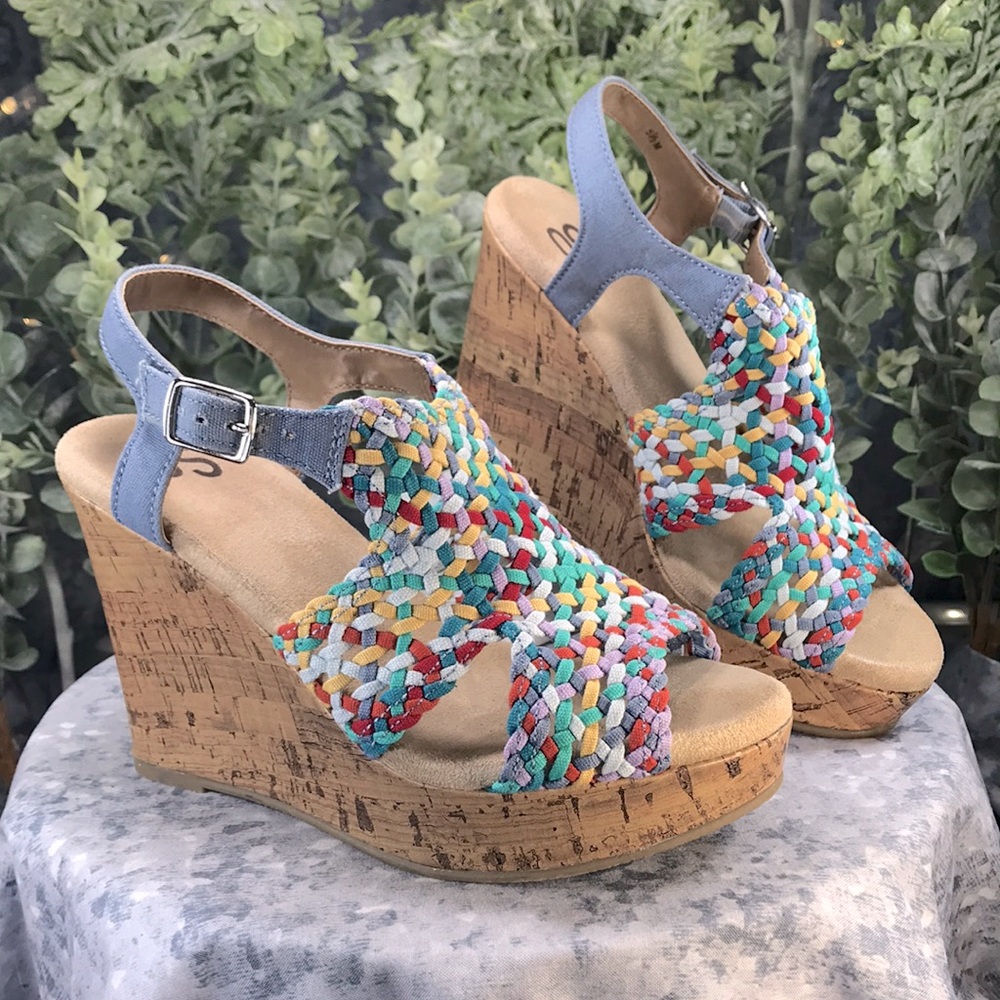 SO Taffy Multi Macramé Open Toe 4” Corkbottom Wedge Heels WMS 5.5M🌟Like NEW🌟